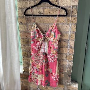 Zara NWT pink floral satin tie front mini slip dress